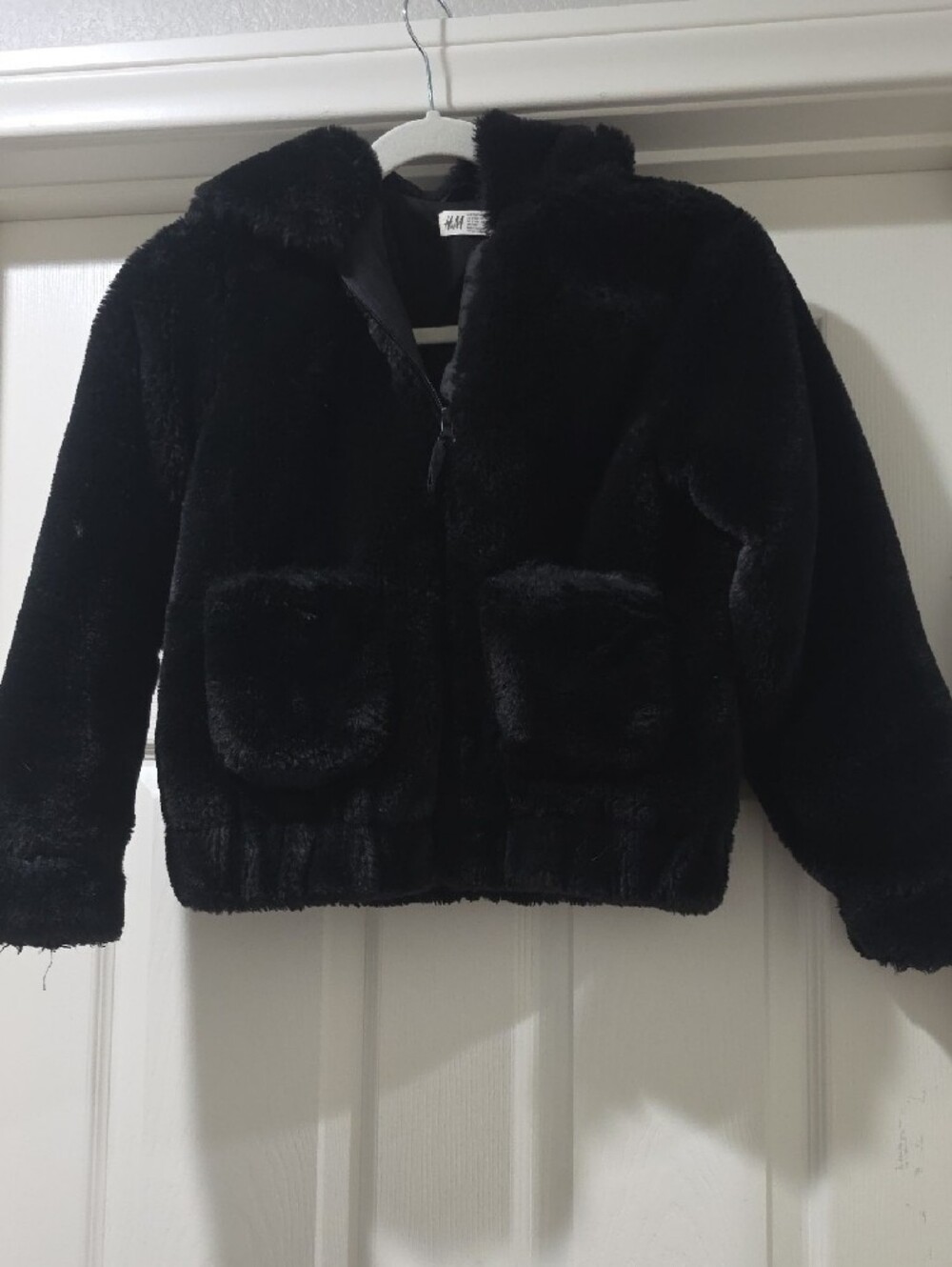 H&M Black Faux Fur Hooded Kids Jacket W/Bear Ears - Size 8/10